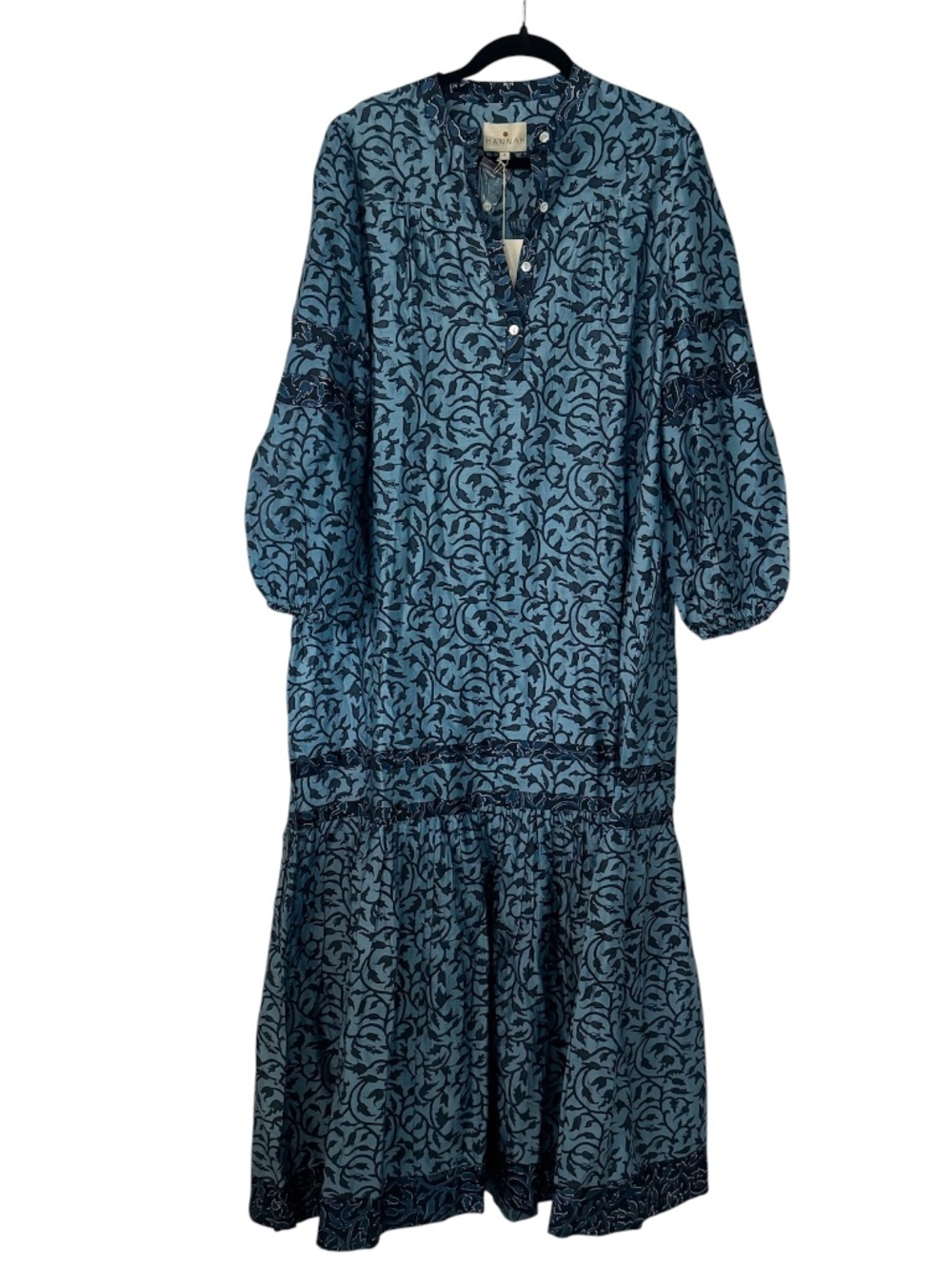 Hannah Artwear Women's Long Sleeve Silk Blue Floral Tiered Maxi Dress Sz 8 NWT